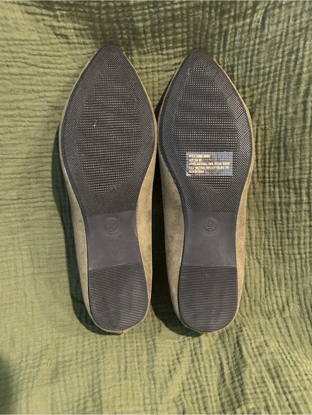 Charles Albert NWOT Olive Green Pointed Toe Flats with Pink Floral Embroidery